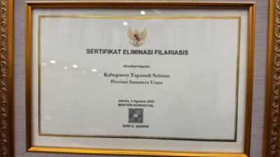 Tapsel Raih Sertifikat Eliminasi Filariasis dari Kemenkes RI